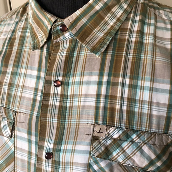 Prana Men's Size M Short Sleeve Pearl Snap shirt Plaid Cotton vintage western - Picture 6 of 16